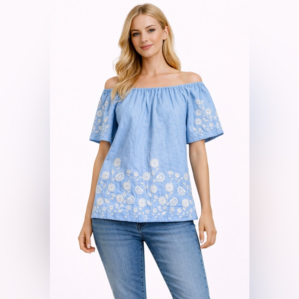 Saks Fifth Avenue Linen Blouse with Floral Embroidery